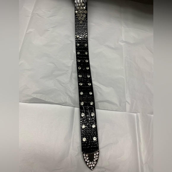 Vegan Black Crocodile Embossed Rhinestone Belt - Picture 6 of 6